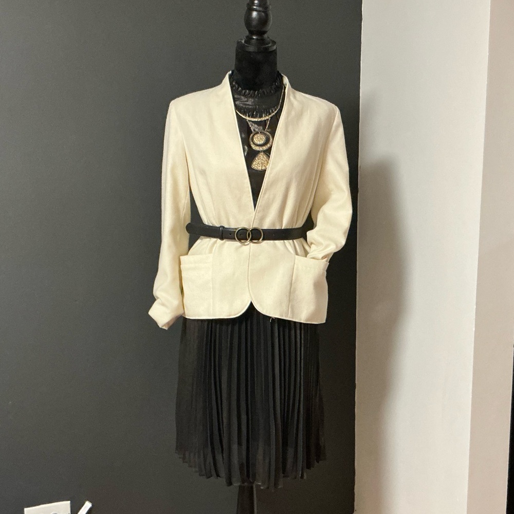 Cream Blazer with Black Belt and Skirt